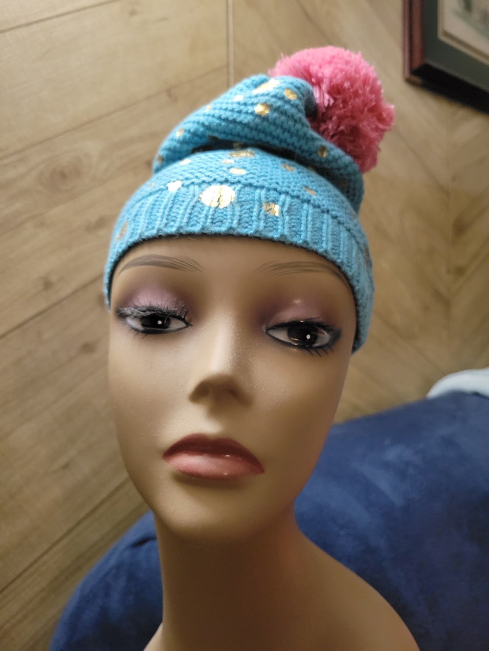 New York & Co. Turquoise Beanie with Metallic Gold Dots and Pink Pom Pom